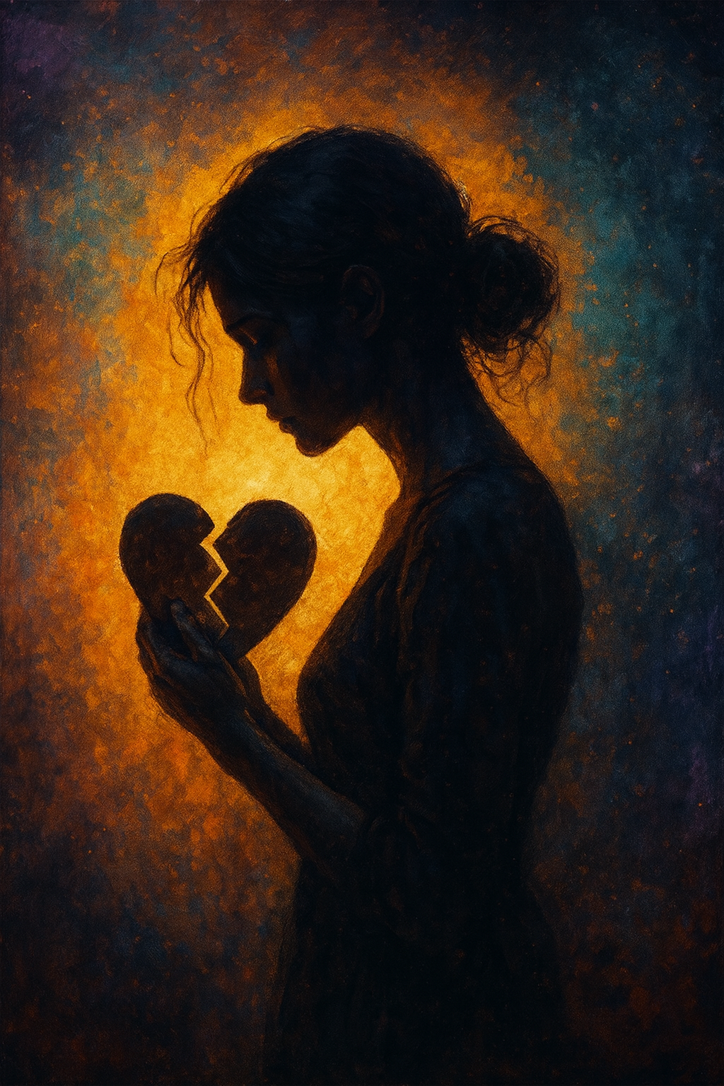 Illustratie van een vrouw die zich losmaakt uit donkere schaduwen en omringd wordt door goud-paars licht en bloemblaadjes, symbool voor heling, kracht en persoonlijke groei na een manipulatieve relatie.