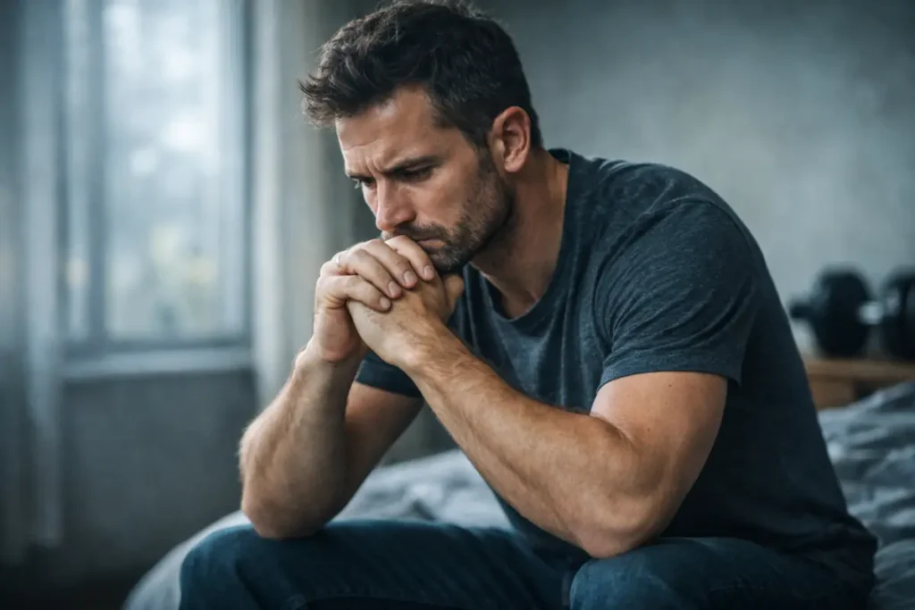 uitgeputte man door stress mentale en fysieke disbalans herstel her power life