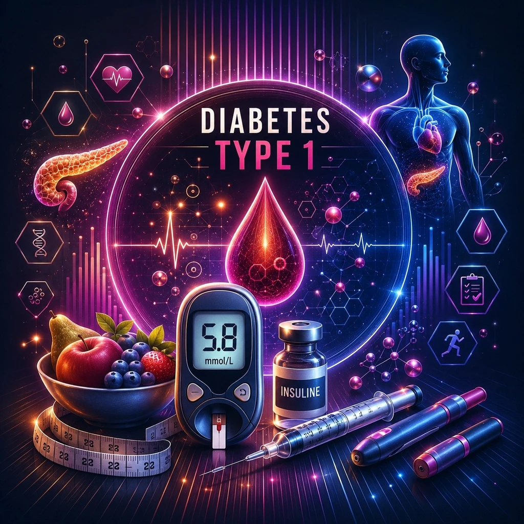 Illustratie van diabetes type 1 met insuline, glucosemeter, alvleesklier en bloedsuikercontrole.