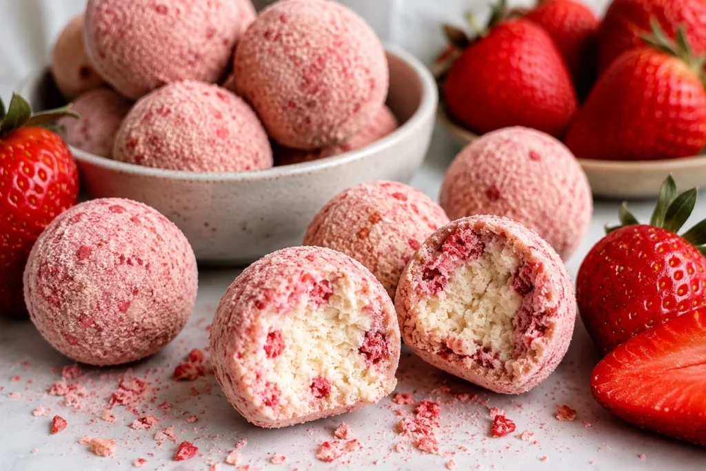Eiwitrijke Strawberry Cheesecake Protein Balls met aardbeien, proteïnekwark en hüttenkäse als gezonde eiwitrijke snack.