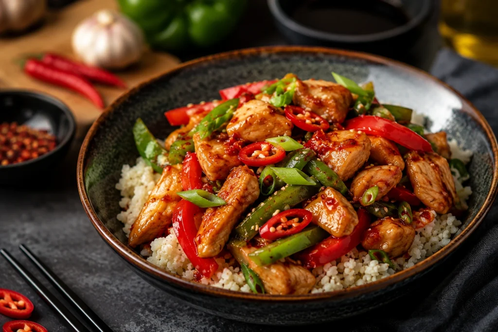Eiwitrijke Asian Chili Chicken met kip, paprika, sugarsnaps en bloemkoolrijst, bereid met olijfolie en verse Aziatische kruiden.