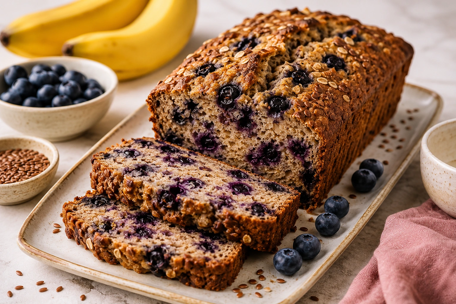Eiwitrijk Bananenbrood met Blauwe Bessen & Lijnzaad