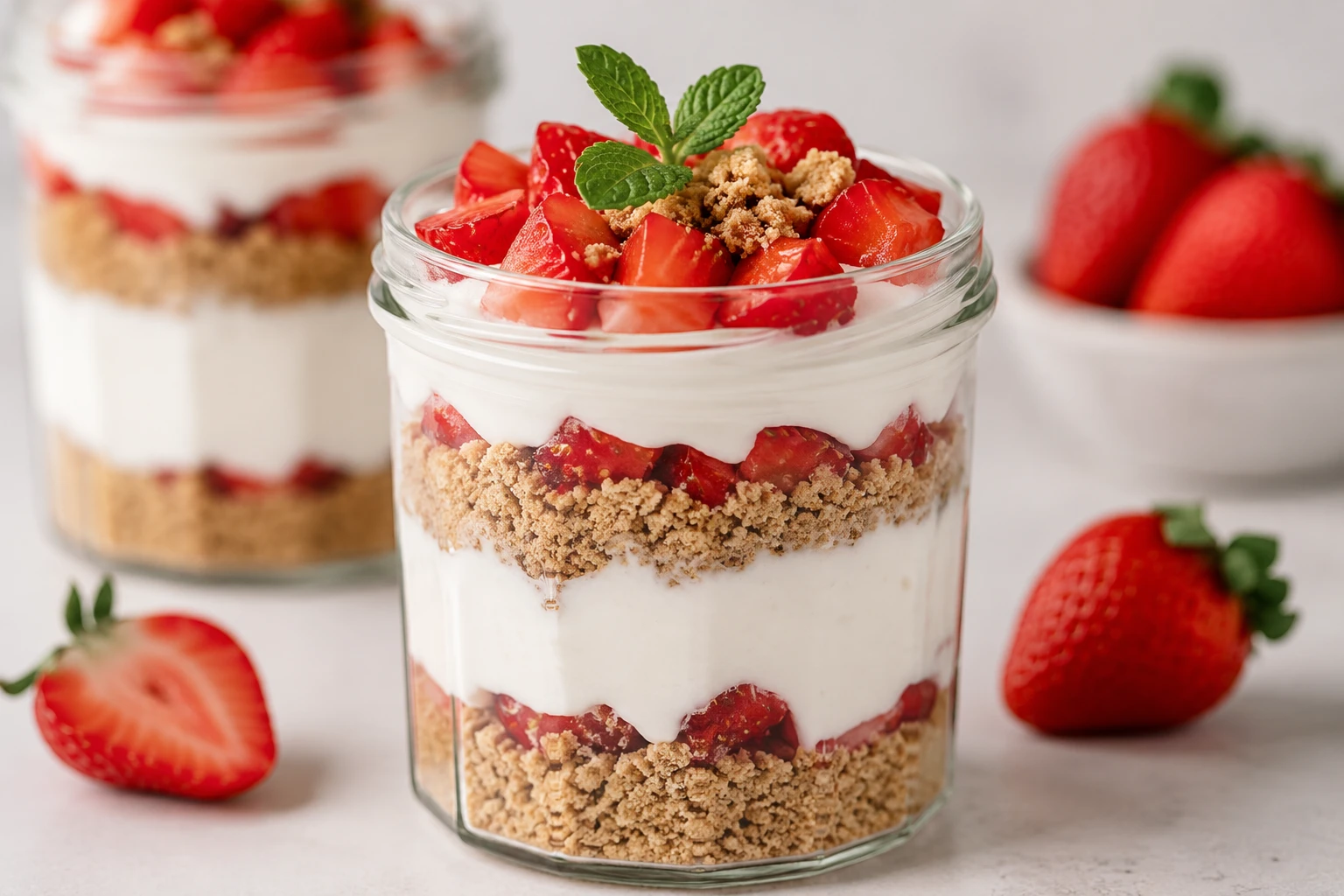 Eiwitrijke Cheesecake Potjes met Aardbei & Lijnzaad