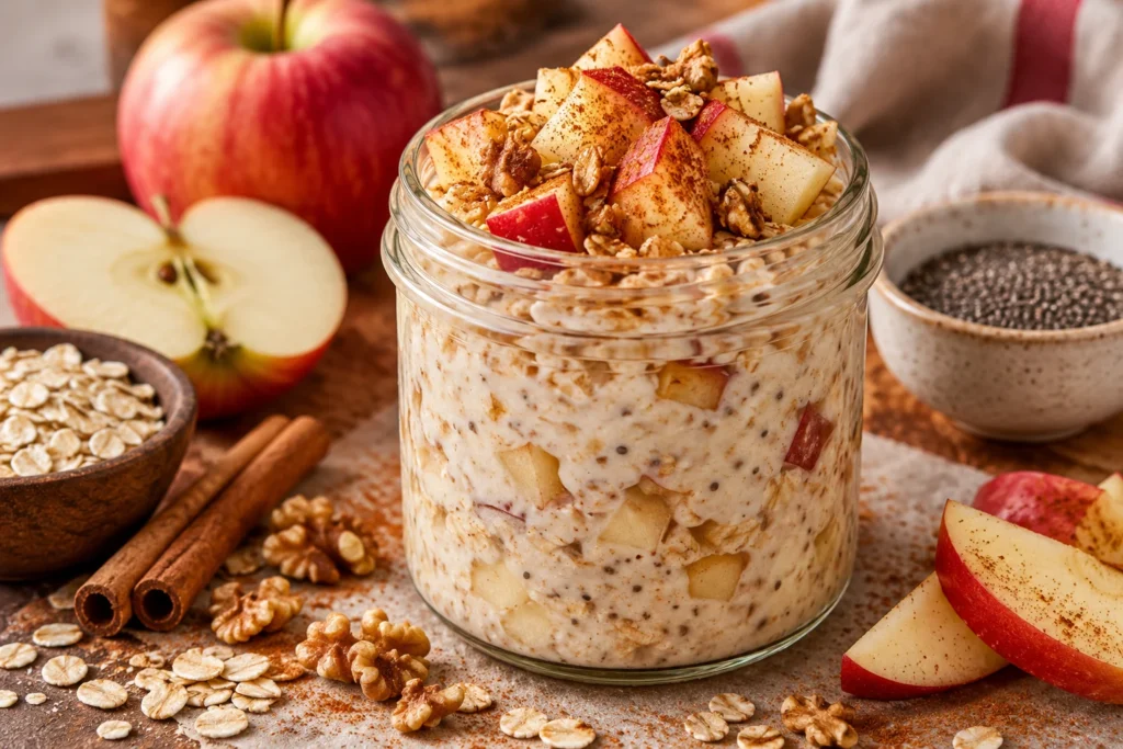 Eiwitrijke Apple Pie Overnight Oats met appel, kaneel en chiazaad