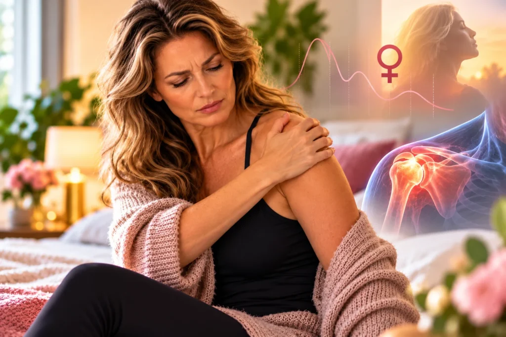 Vrouw met schouderpijn tijdens de overgang, met een medische illustratie van het schoudergewricht en hormonale veranderingen bij frozen shoulder.