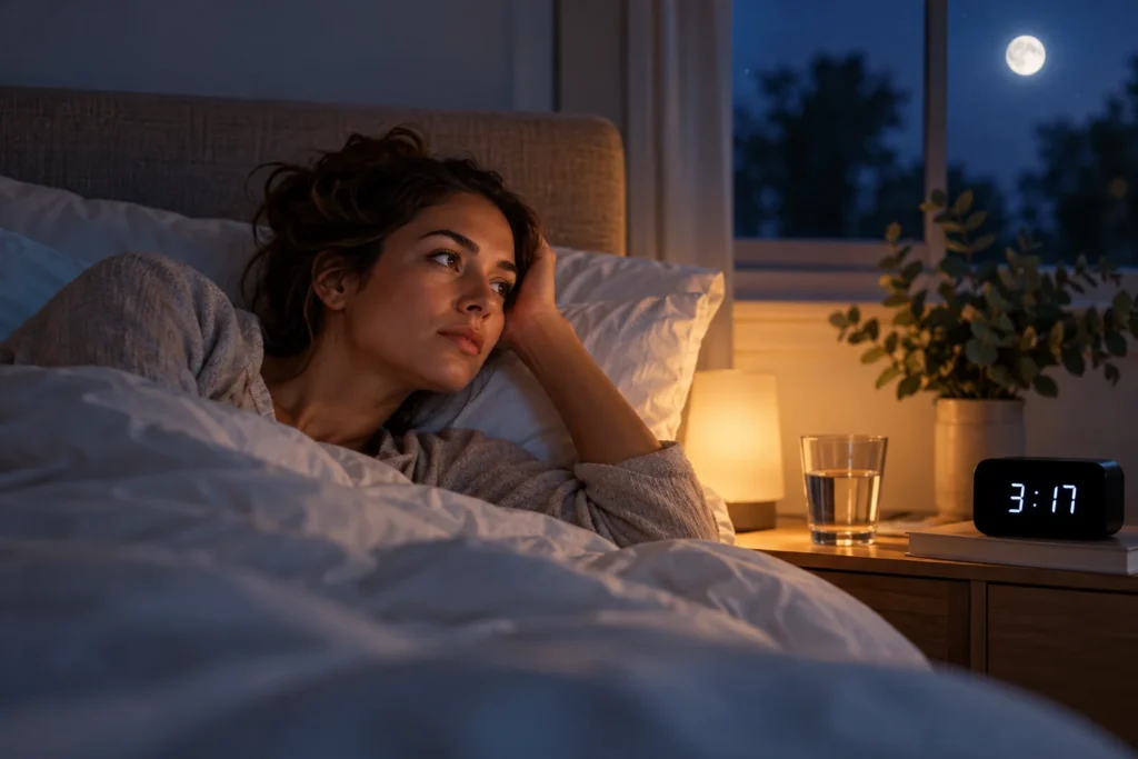 Vrouw ligt midden in de nacht wakker in bed en kijkt naar de klok die 03.17 uur aangeeft, omdat ze niet meer kan slapen.