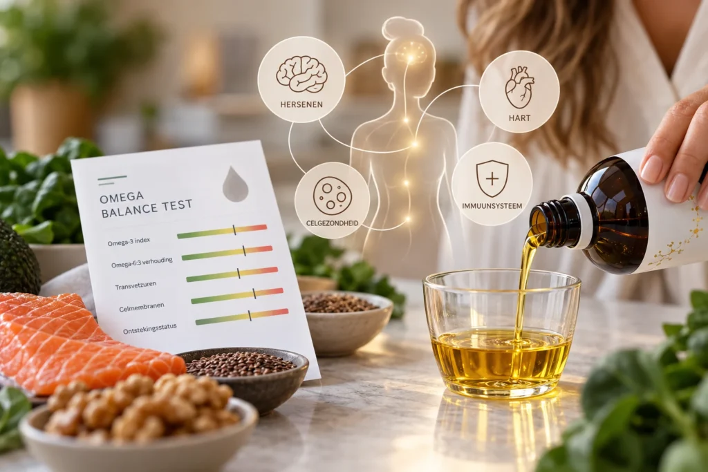 Omega 3 meten met een vetzuurbloedtest en vloeibare omega-3-olie, met zalm en andere voedingsbronnen van gezonde vetten.