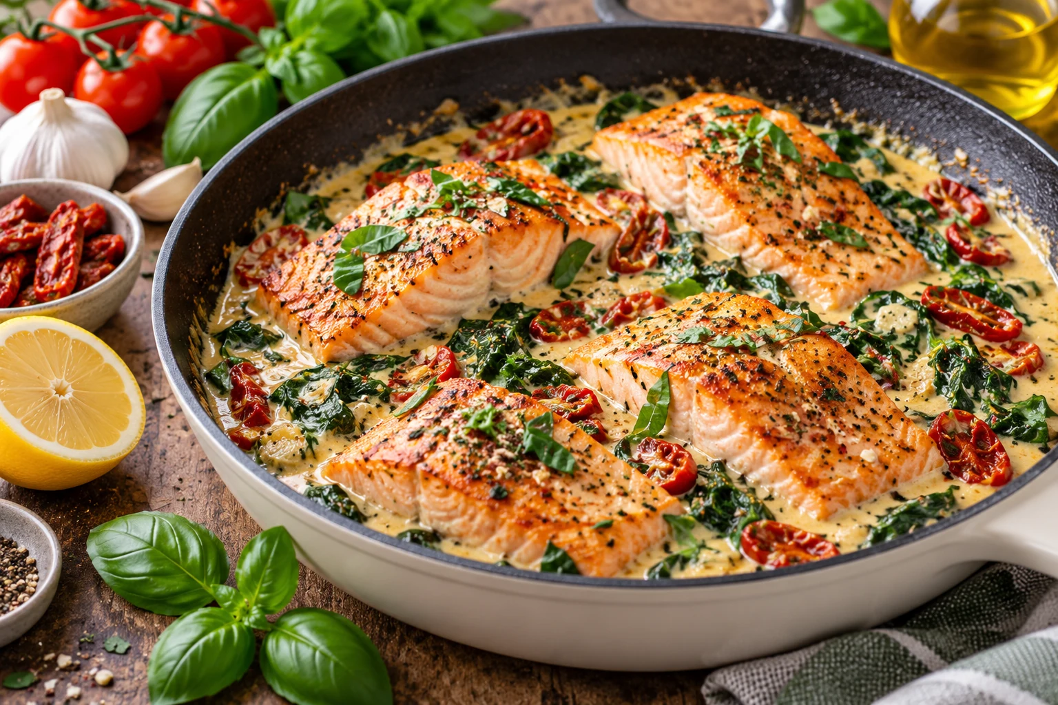 Romige Toscaanse zalm met spinazie en knoflook