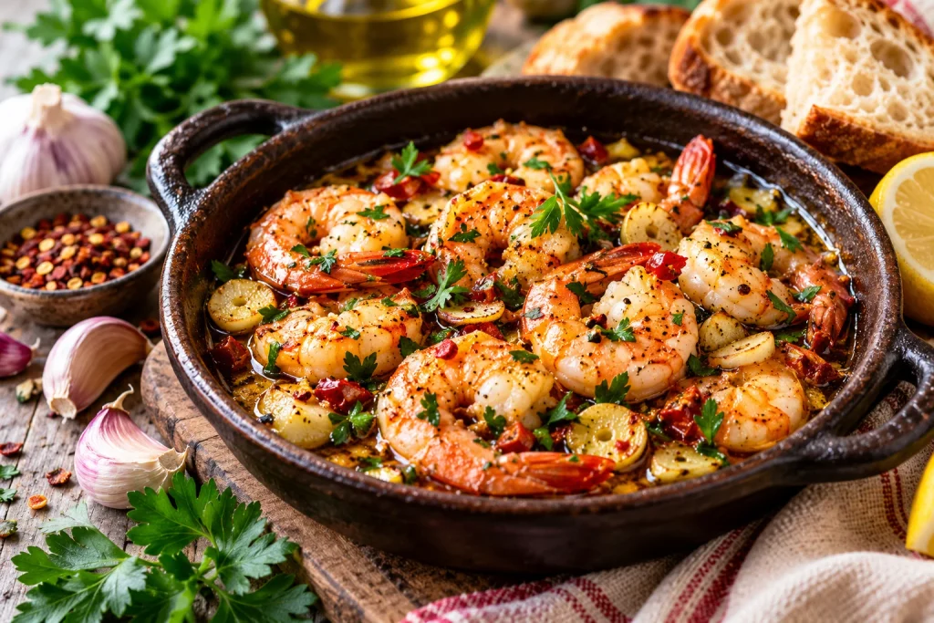 Spaanse Gambas al Ajillo met knoflook, olijfolie, rode peper, citroen en verse peterselie.